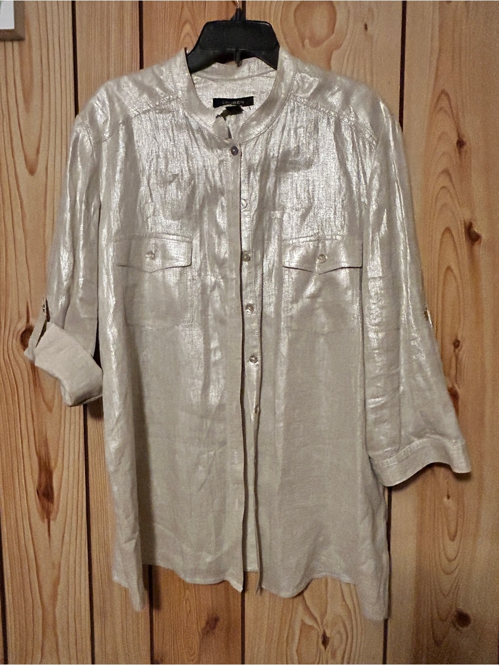 Linen Button-up Shirt Golden Laminated Sand Beige Sz 16 Roll Tab Sleeves Metalli